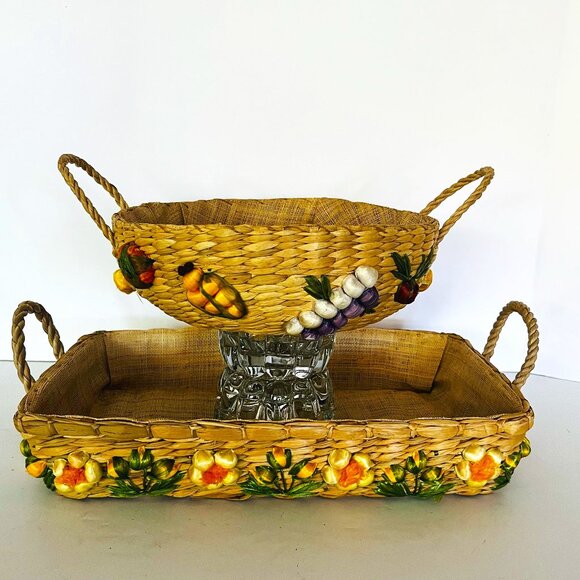 2 Vtg Raffia Baskets Handles Burlap Lined Fruit Flower Design - Picture 1 of 16